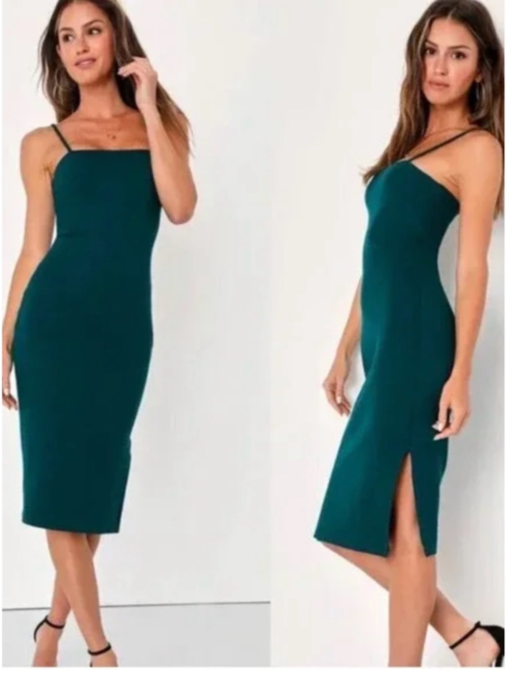 Lulu's Teal Square-Neck Bodycon Midi Dress with Side Slit